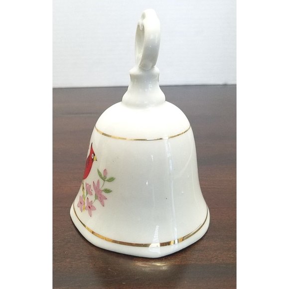 Vtg Red Bird Dinner Bell Cardinal Christmas Porcelain Pink Flowers - Picture 7 of 9